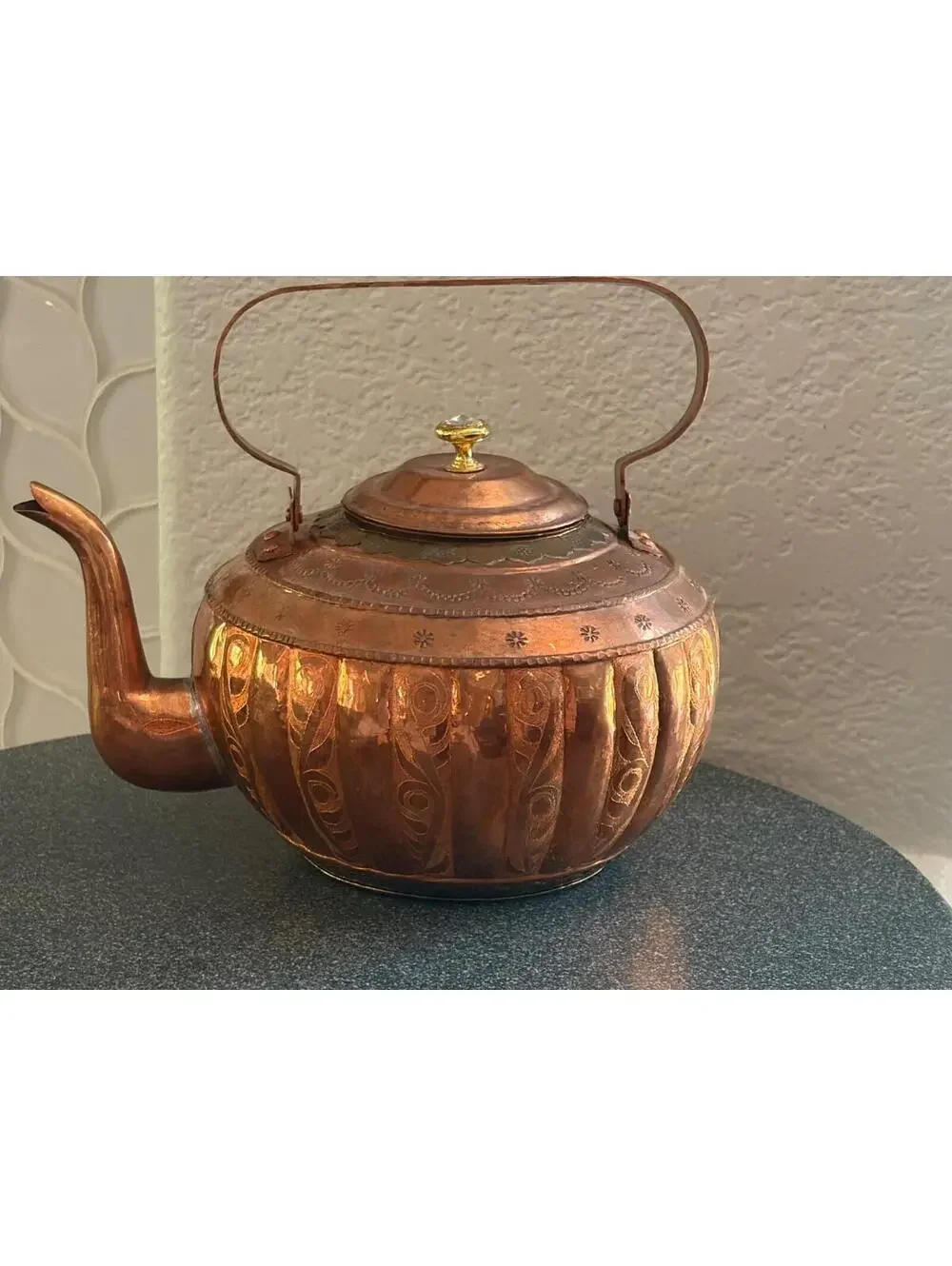 Handmade copper and brass Teapot with lid and diffuser marked Kashgar Vintage